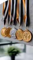 Gold, silver and black medals on a wall photo