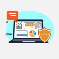 On the laptop screen there are floating charts, a search and rating bar, a protection icon, messages and discounts. SEO optimization web analytics and marketing social media. vector