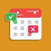 Calendar deadline check notice or event reminder notification icon, flat design of calendar with alert for scheduling, event planning, important day, vector