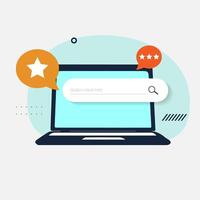On the laptop screen there are Star, a search and rating bar, a protection icon, messages and discounts. SEO optimization web analytics and marketing social media. vector
