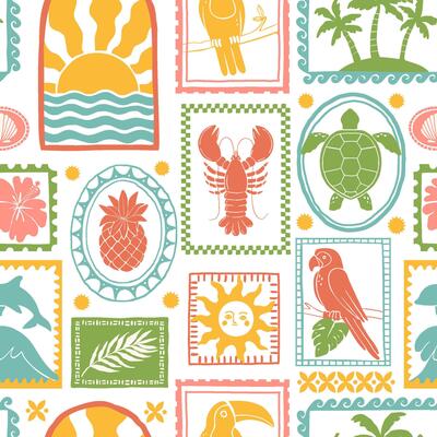 Summer tropical pattern. Hand drawn exotic Hawaii seamless background. Paradise flower, toucan, parrot, palm, surf, frames. Trip nature patchwork print