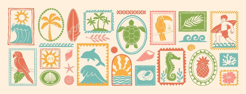 Summer shapes elements. Cartoon Hawaii tropic exotic paradise frames with animal, bird, flower, surf, people, palm tree. Ethnic collage with stamps. set