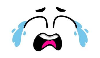 Cartoon crying face with big blue tears falling from eyes and open mouth expressing sadness and despair, isolated illustration on white background vector