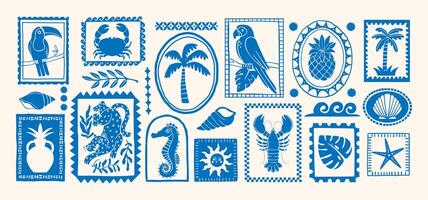 Tropical summer elements. Hand drawn exotic shape stickers. Retro abstract jungle palm, wild bird, shells, leopard, fruit. Silhouette stamp, frame. set vector