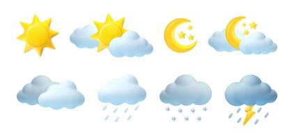 3d weather elements. Cartoon realistic forecast symbols. Render sun, moon, star, clouds, rain, snow, raindrops icons. Kids plasticine style. Web design season signs. set vector