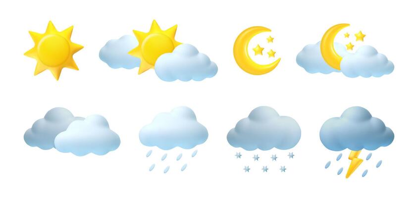 3d weather elements. Cartoon realistic forecast symbols. Render sun, moon, star, clouds, rain, snow, raindrops icons. Kids plasticine style. Web design season signs. set