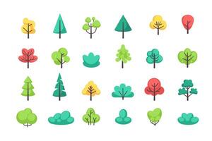 Trees and bushes. Simple forest and park plants. Flat style green tree, bush, branch. Garden geometric shapes. Nature elements for landscape view on white background. collection vector