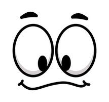 Cartoon face featuring big, wide open eyes, raised eyebrows, and a slightly curved smile, showcasing a blend of confusion, curiosity, and perplexity in a playful expression vector