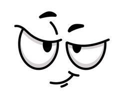 Cartoon sly face with narrowed eyes and a slight smirk expressing distrust, skepticism, and suspicion, perfect for conveying doubt or disbelief in communication and design vector