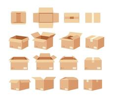 Empty packages boxes. Opened and closed cardboard box. Different brown kraft packaging with pack signs in various positions. Shipping top, front side views. collection vector