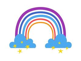 Vibrant rainbow with distinct colors arching over two stylized blue clouds adorned with yellow stars, conveying a cheerful meteorological phenomenon suitable for children s illustrations vector