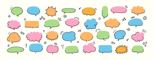 Doodle speech bubbles. Line simple frame. Hand drawn decorative speech balloon, text communicative box. Outline cute stickers for notepad, comic cloud for title. set vector