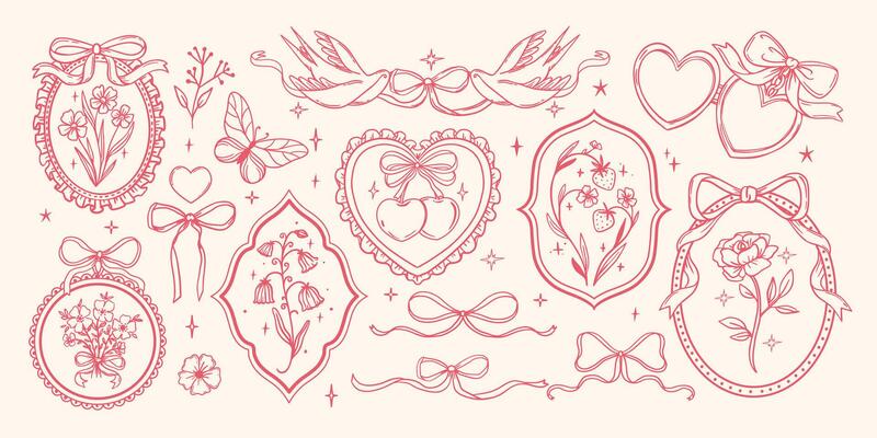 Vintage ribbon frame. Retro floral bows. Hand drawn elegant coquette flower, butterfly, heart, bird, cherry elements. Ornate decor frame for invitation. set