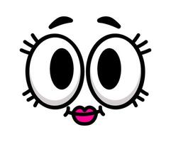 Cartoon face with wide open eyes, raised eyebrows, long eyelashes and small pink lips, expressing surprise or amazement, isolated on white background vector