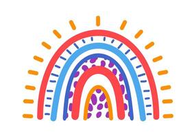 Colorful rainbow arching with bright sun rays on a white background, featuring playful dashed lines and dotted patterns, ideal for children s illustrations and designs vector