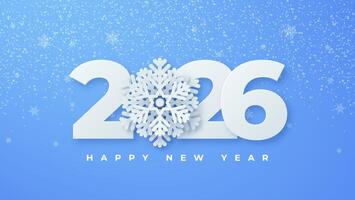 Happy New Year 2026 in the form of realistic, 3D stylized numbers, accompanied by white snowflakes. This symbol is suitable for posters, banners, greeting cards and other layout designs. vector