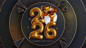 Happy New Year 2026, Realistic 3D rendering of the figures, complemented by gold gift box ribbons vector