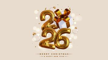 Happy New Year 2026, Realistic 3D rendering of the figures, complemented by gold gift box ribbons and Christmas decorations. vector