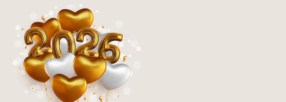 Happy New Year 2026 with realistic gold and white balloons. This backdrop includes the 2026 number symbol in a metallic look and hanging helium balloons, as well as sparkling gold confetti. vector