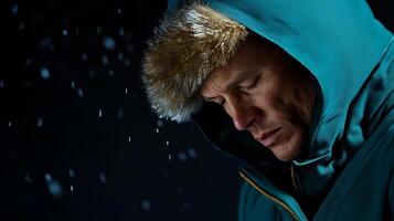 Man with fur-lined hood in snow, reflecting in a winter landscape at night photo