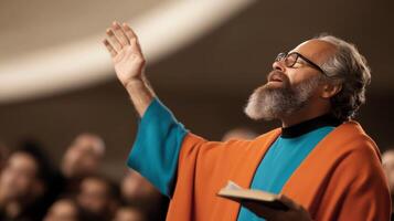 Elderly man in colorful robe leads worship service with uplifted hand in a modern spiritual setting photo
