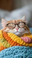 Cute orange cat wearing glasses wrapped in a colorful knitted blanket resting indoors in a cozy environment photo