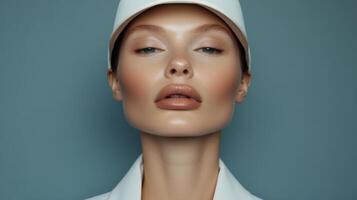 Confident model showcasing modern beauty trends with natural makeup and minimalist style photo