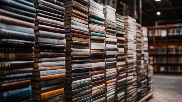Shelves filled with a diverse collection of books in a public library setting during the day photo