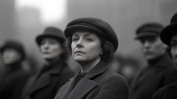 Women and men standing solemnly during a historical event in black and white, reflecting resilience and strength in an urban setting photo