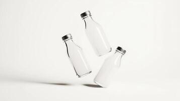 Clear glass bottles floating against a minimalistic white background in a modern studio setting photo