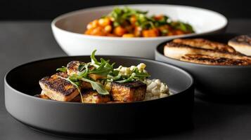 Deliciously prepared blackened fish served with popcorn, fresh greens, and roasted vegetables in stylish bowls photo