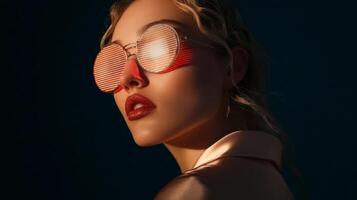 Portrait of a stylish woman wearing fashion sunglasses against a dark background, capturing elegance and modern aesthetics with bold makeup photo
