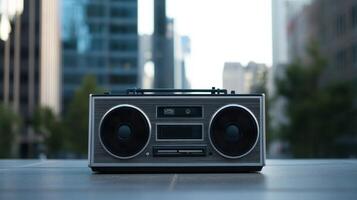 A retro cassette player is placed on the pavement in an urban setting, contrasting with sleek skyscrapers. City life buzzes around, capturing a blend of nostalgia and modernity photo