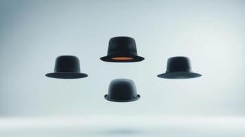Floating hats arranged in a creative formation against a minimalist backdrop showcasing unique fashion concepts and design aesthetics photo