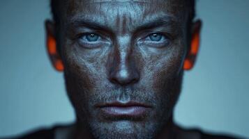 Intense close-up of a rugged man with piercing blue eyes and weathered skin, showcasing strength and character in a dramatic light setting photo