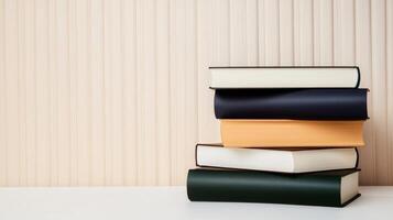 Stacked books in varying colors on a clean surface against a textured wall background showcasing a minimalist aesthetic photo