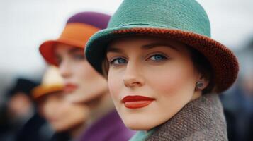 Stylish women wearing colorful hats at an outdoor fashion event during a cloudy afternoon photo