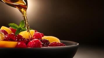 Fresh fruits topped with honey on a dark background, showcasing colors and textures photo