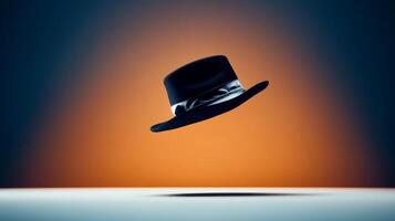 Floating black hat with a satin ribbon on a smooth surface illuminated by a warm gradient background photo