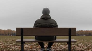 Person seated on a bench in a park on a cloudy day contemplating nature and solitude during fall season photo
