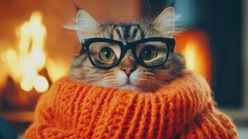 Cat in orange sweater and glasses relaxing by the fireplace in a cozy setting photo