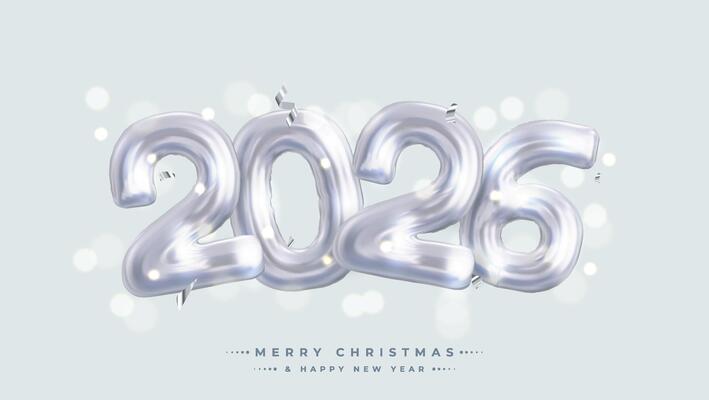 The festive and celebratory design features shiny white number 2026 balloons surrounded by silver confetti. Perfect for New Year's Eve celebrations and party invitations.