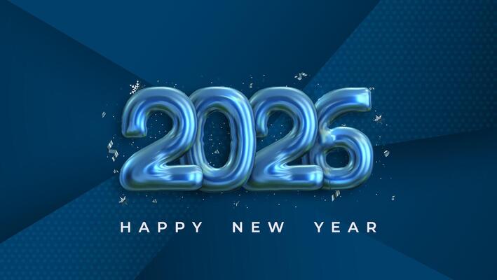 The festive and celebratory design features shiny blue number 2026 balloons surrounded by colorful confetti. Perfect for New Year's Eve celebrations and party invitations.