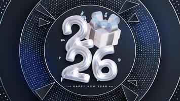 Happy New Year 2026, Realistic 3D rendering of the figures, complemented by silver gift box ribbons and Christmas decorations. vector