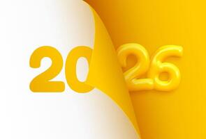 Happy New Year 2026 greeting card template design. Concept of the beginning of the New Year, the calendar page turned and the New Year begins vector