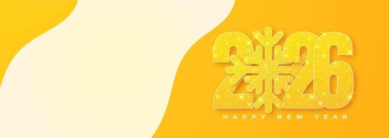Happy New Year 2026 in the form of realistic, 3D stylized numbers, accompanied by yellow snowflakes. This symbol is suitable for posters, banners, greeting card vector