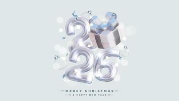 Happy New Year 2026, Realistic 3D rendering of the figures, complemented by silver gift box ribbon vector