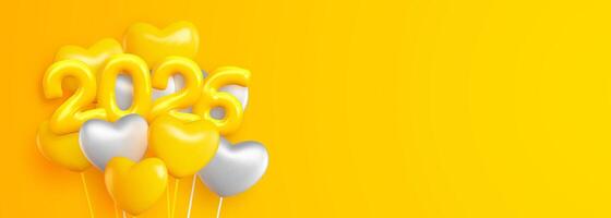 Happy New Year 2026 with realistic yellow and white balloons. This backdrop includes the 2025 number symbol in a shiny yellow look and hanging helium balloons, as well as sparkling gold confetti. vector