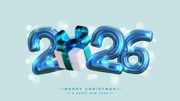 Happy New Year 2026, Realistic 3D rendering of the figures, complemented by shiny blue gift box ribbons and Christmas decorations. vector