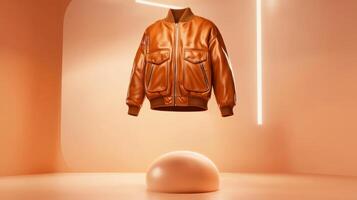 Stylish leather bomber jacket displayed in modern studio setting with soft lighting and warm colors to highlight design photo